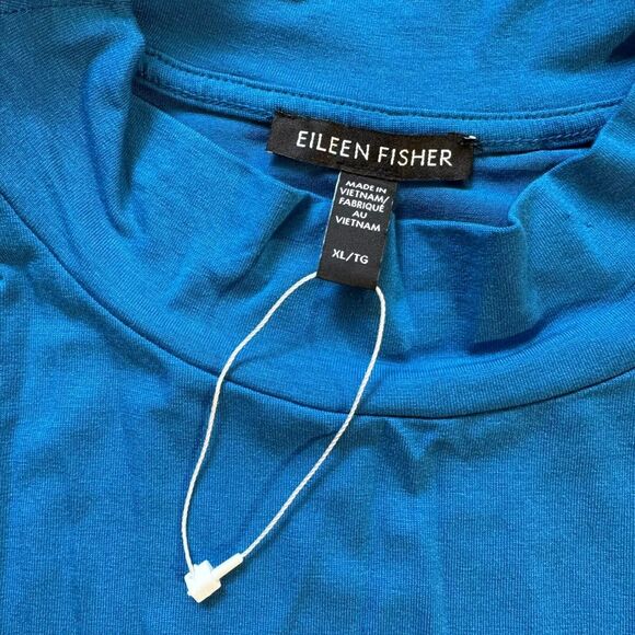 NWOT Eileen Fisher Mock Neck Tie Waist Sleeveless Knee Length Dress Marine Blue - Picture 5 of 12